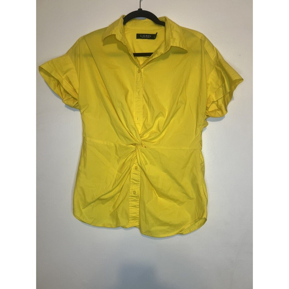 LAUREN RALPH LAUREN LRL Black Label Yellow Front Knot 100% Linen Shirt S Petite